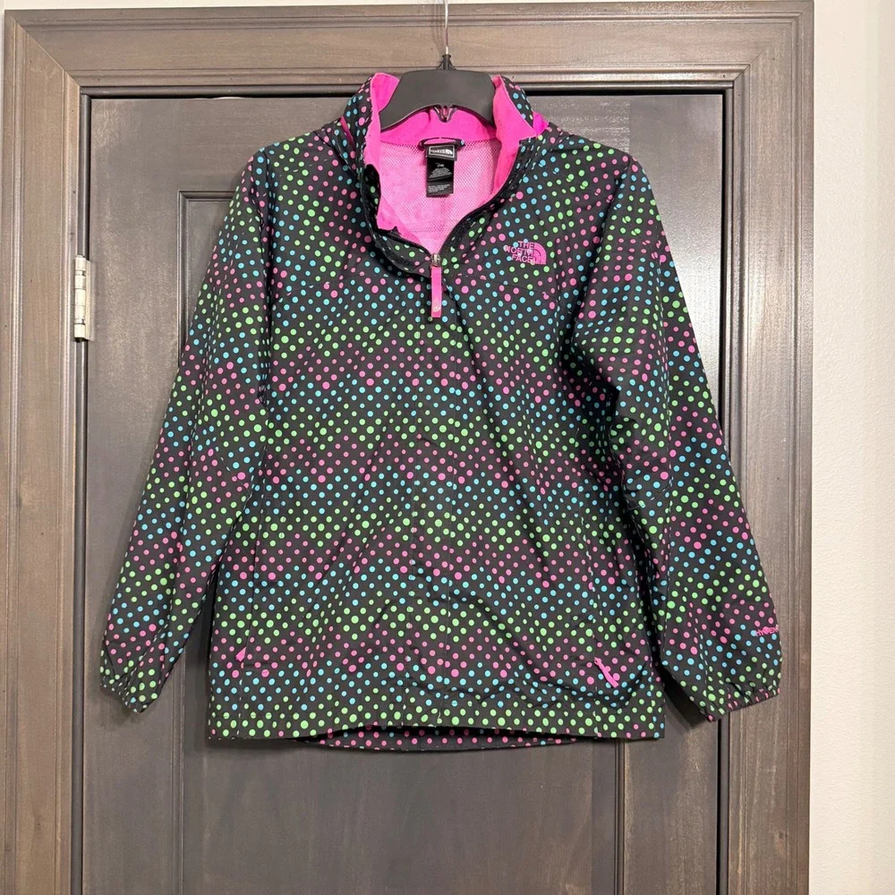 The North Face Girls XL 18 HyVent Rain Jacket Black‎ Multicolor Polka Dot Hooded